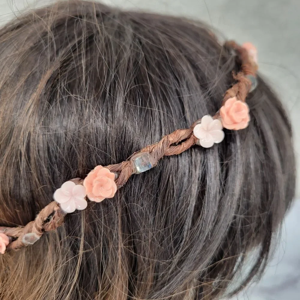 Floral Braided Headband Crown with Pink and Peach Flowers Bohi Hippie Festival